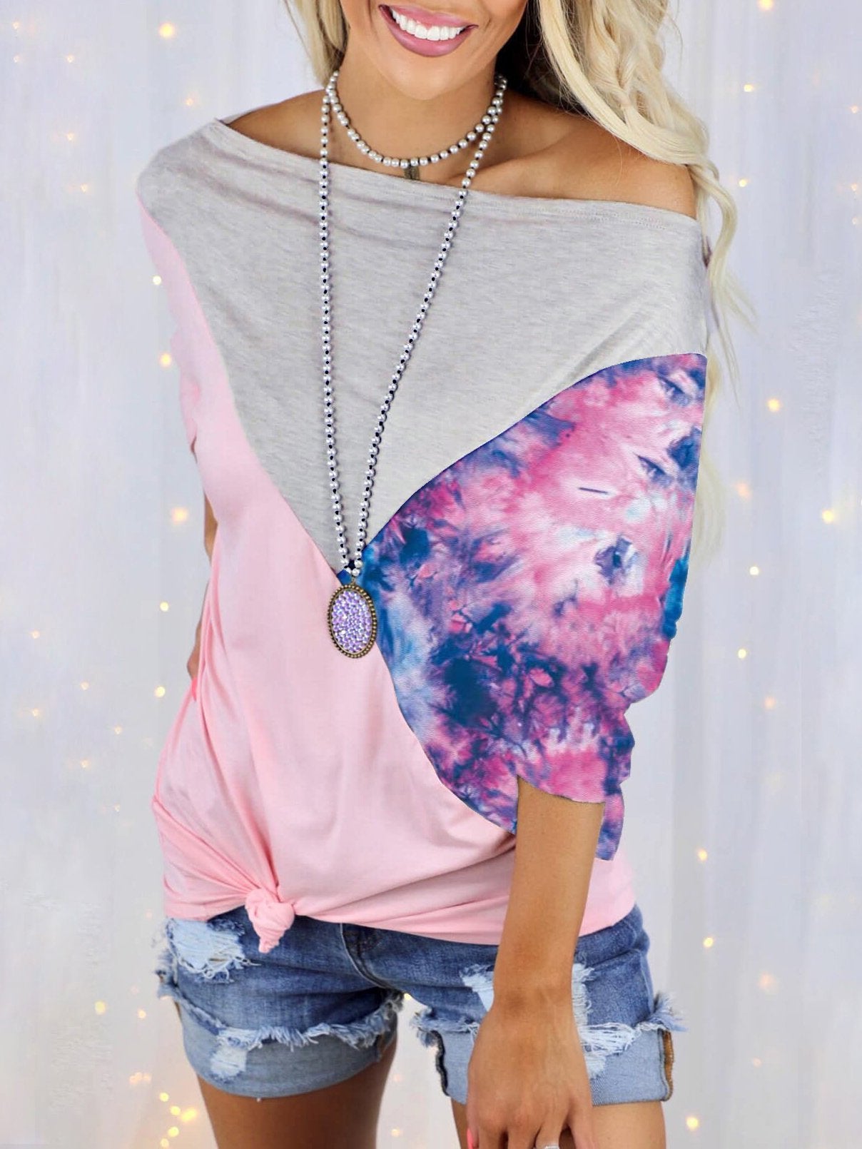 One-neck Print Stitching Contrast Loose T-shirt - T-shirts - INS | Online Fashion Free Shipping Clothing, Dresses, Tops, Shoes - 03/06/2021 - Color_Blue - Color_Purple