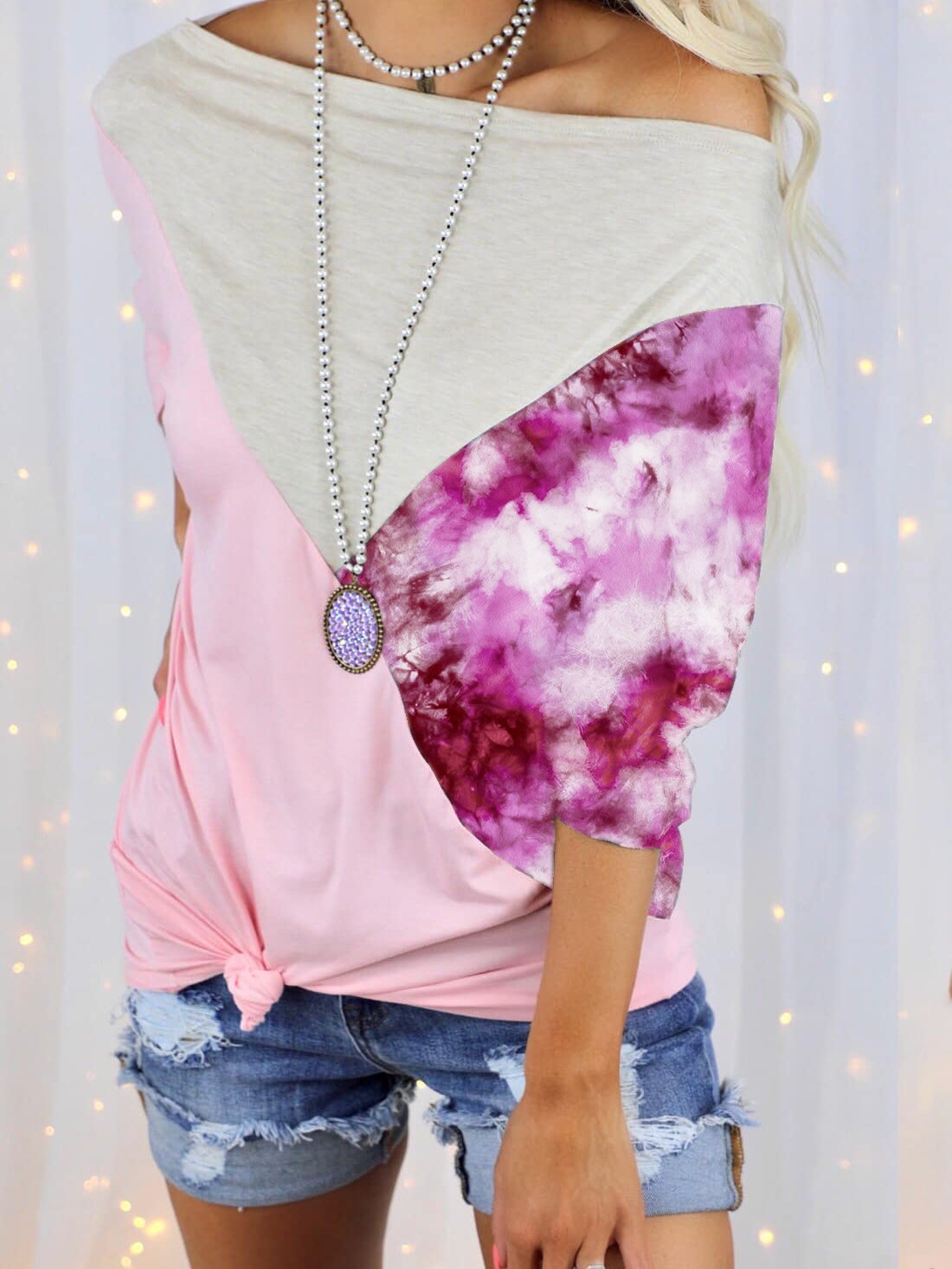 One-neck Print Stitching Contrast Loose T-shirt - T-shirts - INS | Online Fashion Free Shipping Clothing, Dresses, Tops, Shoes - 03/06/2021 - Color_Blue - Color_Purple