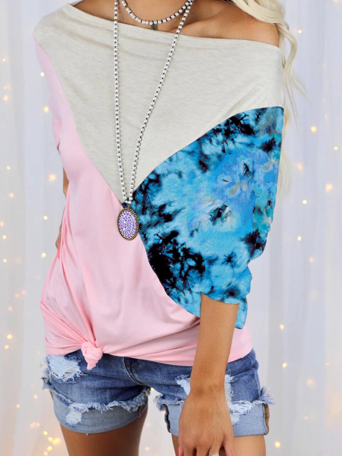 One-neck Print Stitching Contrast Loose T-shirt - T-shirts - INS | Online Fashion Free Shipping Clothing, Dresses, Tops, Shoes - 03/06/2021 - Color_Blue - Color_Purple