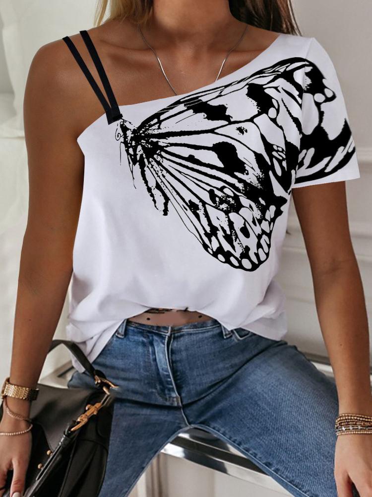 One Shoulder Butterfly Print Casual T-shirt - T-Shirts - INS | Online Fashion Free Shipping Clothing, Dresses, Tops, Shoes - 27/04/2021 - Color_White - Neckline_One Shoulder