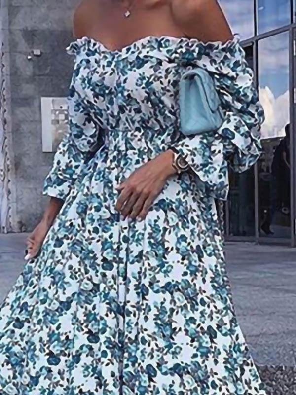 One-shoulder Long-sleeved Printed Dress - Maxi Dresses - INS | Online Fashion Free Shipping Clothing, Dresses, Tops, Shoes - 05/06/2021 - Color_Blue - DRE2106050111