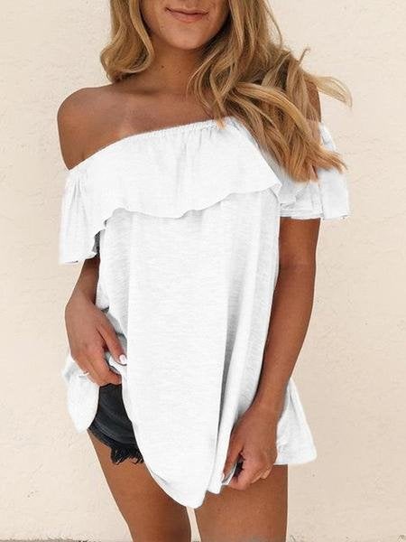 One-shoulder Ruffle Trim Solid Slim Blouse - Blouses - INS | Online Fashion Free Shipping Clothing, Dresses, Tops, Shoes - 10-20 - 22/06/2021 - BLO2106221120