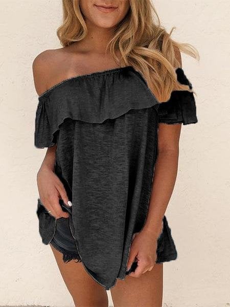 One-shoulder Ruffle Trim Solid Slim Blouse - Blouses - INS | Online Fashion Free Shipping Clothing, Dresses, Tops, Shoes - 10-20 - 22/06/2021 - BLO2106221120