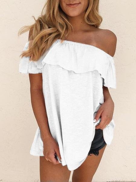 One-shoulder Ruffle Trim Solid Slim Blouse - Blouses - INS | Online Fashion Free Shipping Clothing, Dresses, Tops, Shoes - 10-20 - 22/06/2021 - BLO2106221120