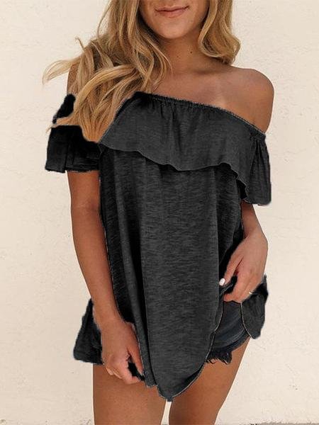 One-shoulder Ruffle Trim Solid Slim Blouse - Blouses - INS | Online Fashion Free Shipping Clothing, Dresses, Tops, Shoes - 10-20 - 22/06/2021 - BLO2106221120