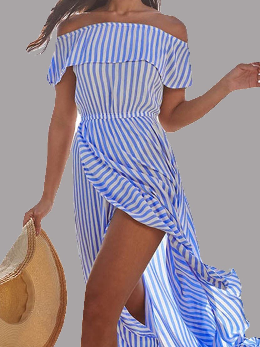 One-shoulder Stripe Slit Irregular Long Skirt - Maxi Dresses - INS | Online Fashion Free Shipping Clothing, Dresses, Tops, Shoes - 09/06/2021 - Color_Black - Color_Blue