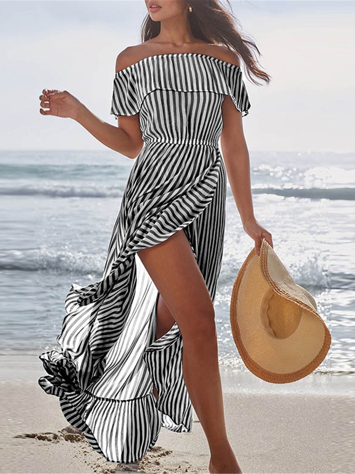 One-shoulder Stripe Slit Irregular Long Skirt - Maxi Dresses - INS | Online Fashion Free Shipping Clothing, Dresses, Tops, Shoes - 09/06/2021 - Color_Black - Color_Blue