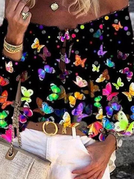 One-word Collar Print Long-sleeved Chiffon Shirt - Blouses - INS | Online Fashion Free Shipping Clothing, Dresses, Tops, Shoes - 05/06/2021 - BLO2106050012 - Blouses