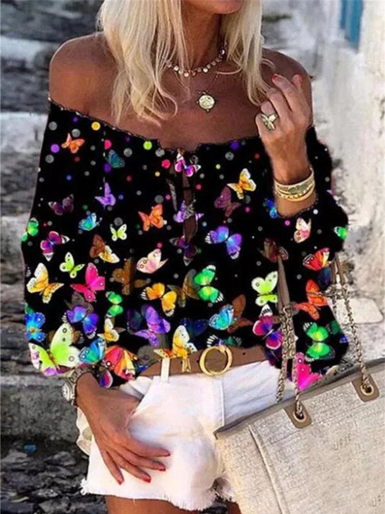 One-word Collar Print Long-sleeved Chiffon Shirt - Blouses - INS | Online Fashion Free Shipping Clothing, Dresses, Tops, Shoes - 05/06/2021 - BLO2106050012 - Blouses