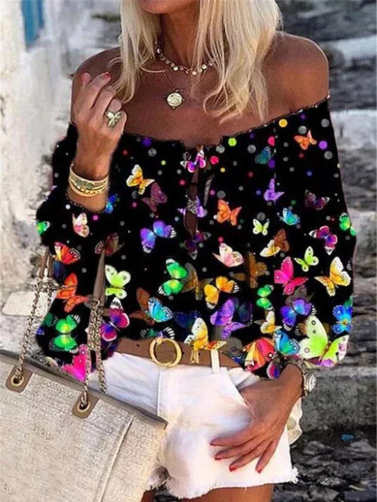 One-word Collar Print Long-sleeved Chiffon Shirt - Blouses - INS | Online Fashion Free Shipping Clothing, Dresses, Tops, Shoes - 05/06/2021 - BLO2106050012 - Blouses