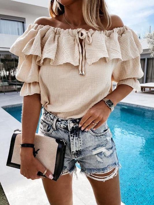 One Word Shoulder Ruffle Tie Blouse - Blouses - INS | Online Fashion Free Shipping Clothing, Dresses, Tops, Shoes - 23/04/2021 - BLO210419217 - Blouses