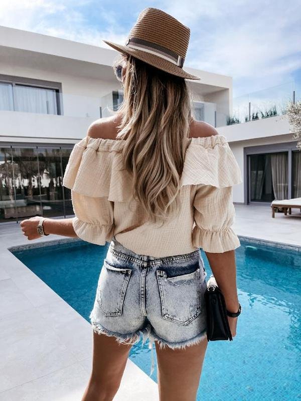One Word Shoulder Ruffle Tie Blouse - Blouses - INS | Online Fashion Free Shipping Clothing, Dresses, Tops, Shoes - 23/04/2021 - BLO210419217 - Blouses