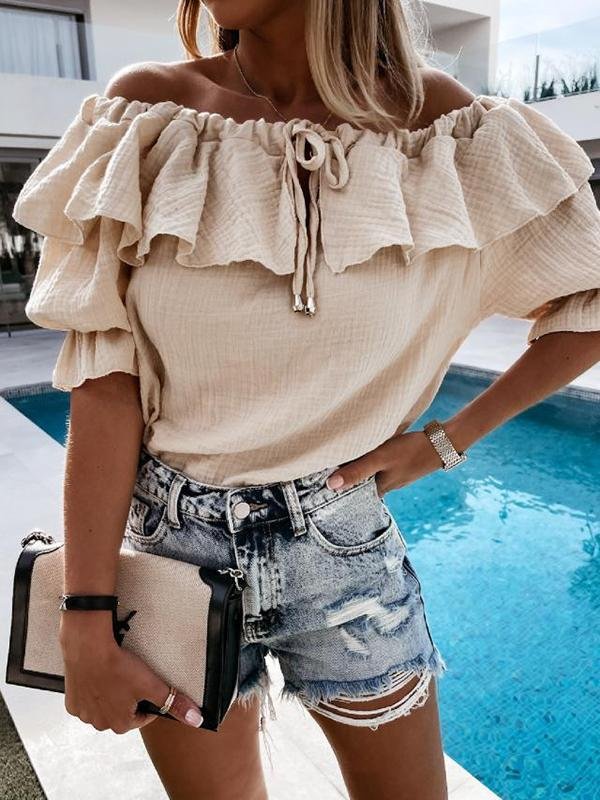 One Word Shoulder Ruffle Tie Blouse - Blouses - INS | Online Fashion Free Shipping Clothing, Dresses, Tops, Shoes - 23/04/2021 - BLO210419217 - Blouses