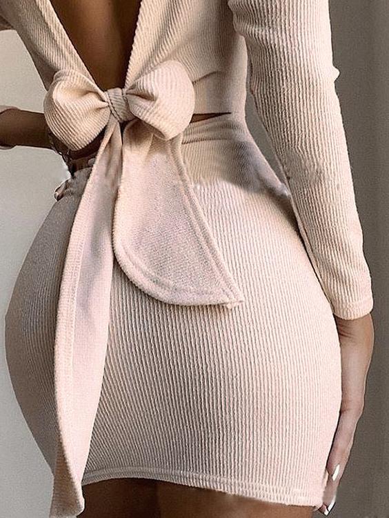 Open Back Bow Long Sleeve Dress - Mini Dresses - INS | Online Fashion Free Shipping Clothing, Dresses, Tops, Shoes - 11/06/2021 - Category_Mini Dresses - Color_Apricot