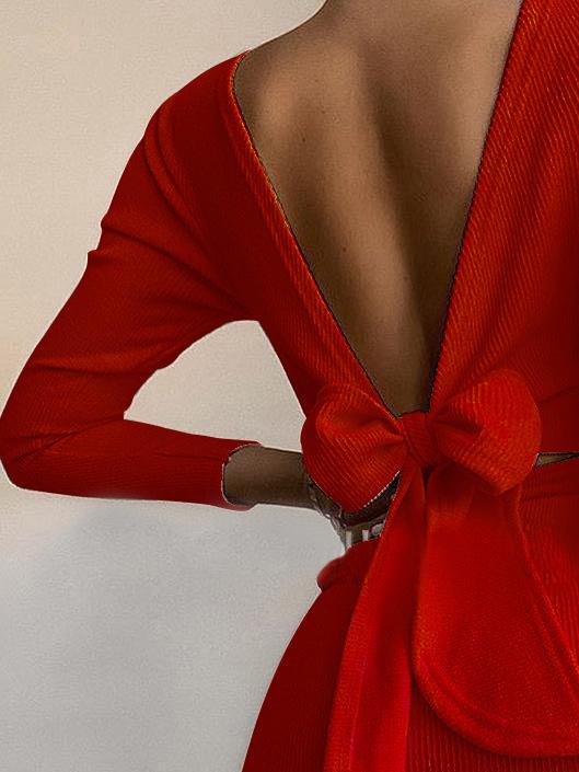 Open Back Bow Long Sleeve Dress - Mini Dresses - INS | Online Fashion Free Shipping Clothing, Dresses, Tops, Shoes - 11/06/2021 - Category_Mini Dresses - Color_Apricot