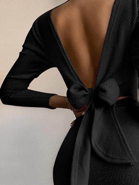 Open Back Bow Long Sleeve Dress - Mini Dresses - INS | Online Fashion Free Shipping Clothing, Dresses, Tops, Shoes - 11/06/2021 - Category_Mini Dresses - Color_Apricot