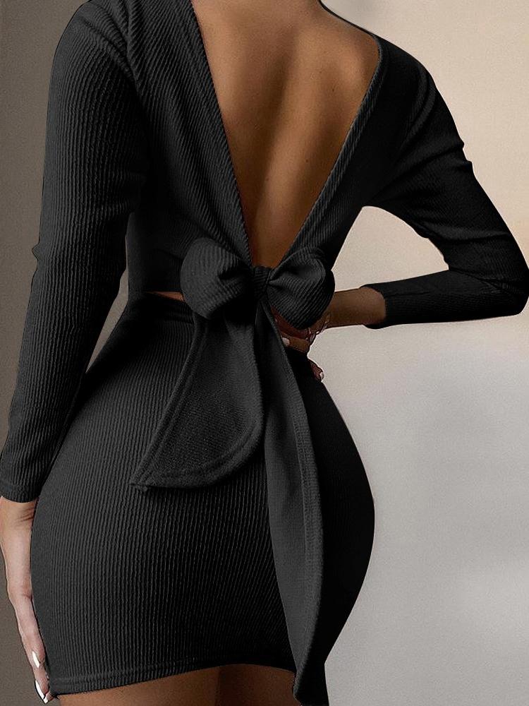 Open Back Bow Long Sleeve Dress - Mini Dresses - INS | Online Fashion Free Shipping Clothing, Dresses, Tops, Shoes - 11/06/2021 - Category_Mini Dresses - Color_Apricot