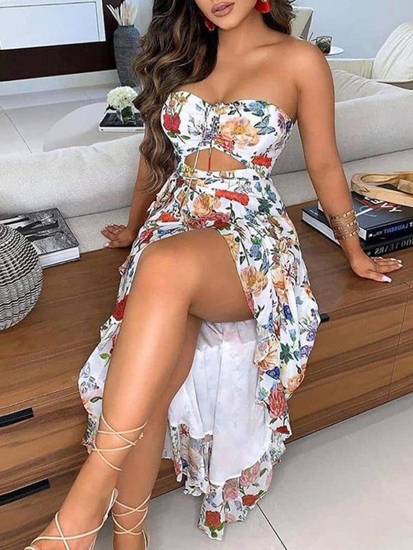 Overall Print Off-Shoulder Ruffled Hem Slit Midi Dress - Midi Dresses - INS | Online Fashion Free Shipping Clothing, Dresses, Tops, Shoes - 23/04/2021 - Catagory_Midi Dresses - Color_Green