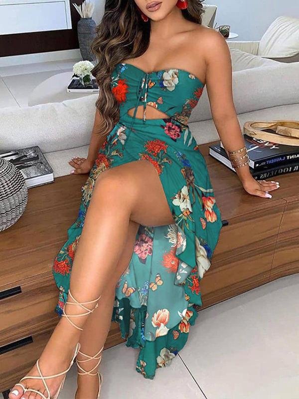 Overall Print Off-Shoulder Ruffled Hem Slit Midi Dress - Midi Dresses - INS | Online Fashion Free Shipping Clothing, Dresses, Tops, Shoes - 23/04/2021 - Catagory_Midi Dresses - Color_Green