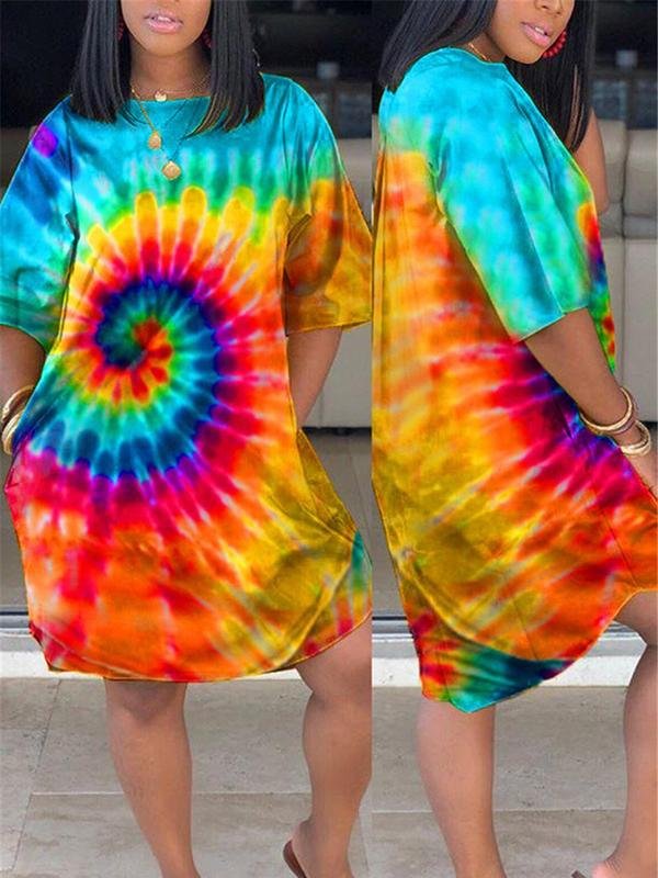 Oversied Crew Neck Mix Color Dye Pocket Casual Dress - Casual Dresses - INS | Online Fashion Free Shipping Clothing, Dresses, Tops, Shoes - 23/04/2021 - Casual Dresses - Color_Blue