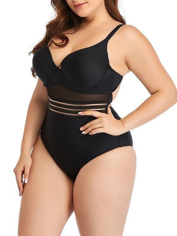 Oversized Mesh Hollow Plain One-piece Swimsuit - Plus Swimsuits - INS | Online Fashion Free Shipping Clothing, Dresses, Tops, Shoes - 22/04/2021 - Color_Black - Color_Blue