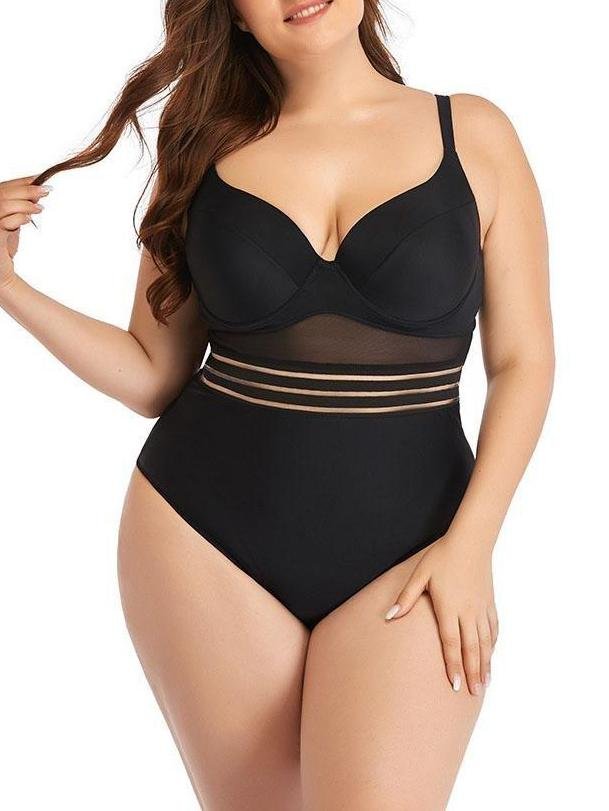 Oversized Mesh Hollow Plain One-piece Swimsuit - Plus Swimsuits - INS | Online Fashion Free Shipping Clothing, Dresses, Tops, Shoes - 22/04/2021 - Color_Black - Color_Blue