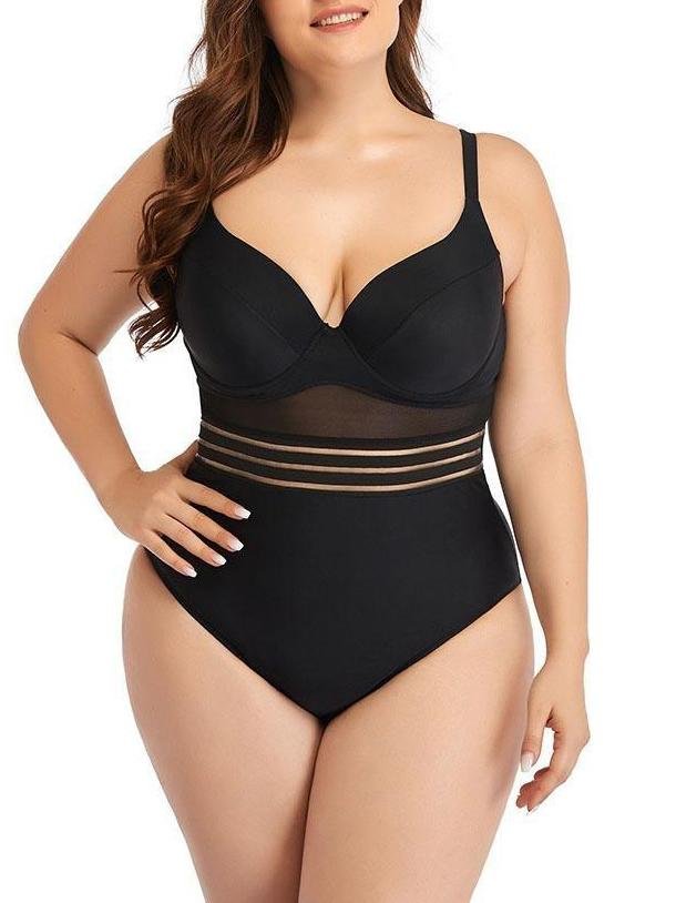 Oversized Mesh Hollow Plain One-piece Swimsuit - Plus Swimsuits - INS | Online Fashion Free Shipping Clothing, Dresses, Tops, Shoes - 22/04/2021 - Color_Black - Color_Blue