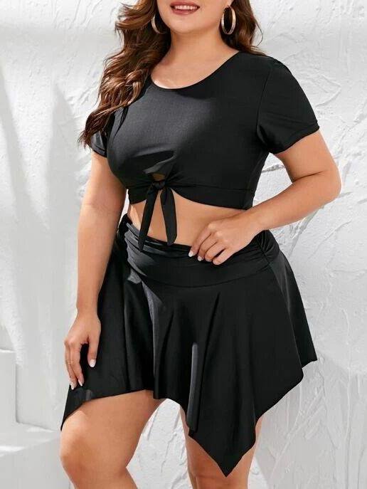Oversized Two-piece Ruffle Skirt Swimsuit With Knotted Front - Plus Swimsuits - INS | Online Fashion Free Shipping Clothing, Dresses, Tops, Shoes - 22/04/2021 - 2204V3 - Color_Black