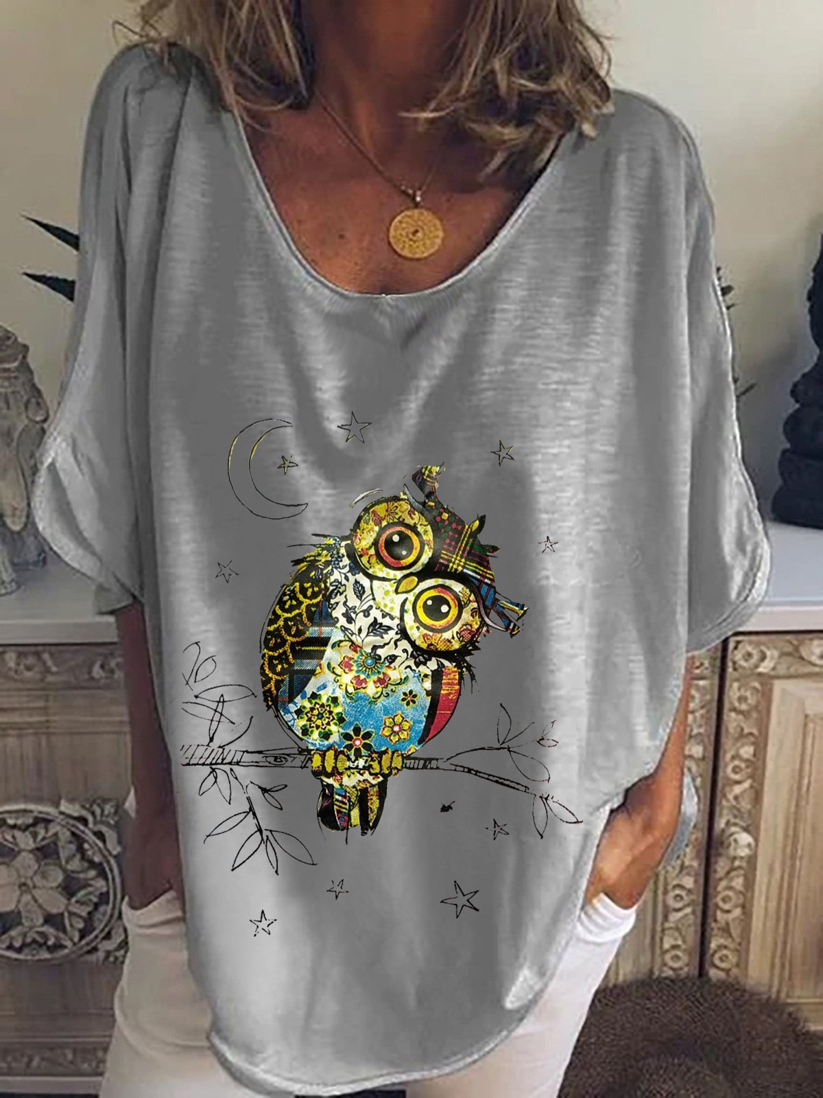 Owl Print Mid-sleeve T-shirt - T-shirts - INS | Online Fashion Free Shipping Clothing, Dresses, Tops, Shoes - 07/07/2021 - 10-20 - color-gray