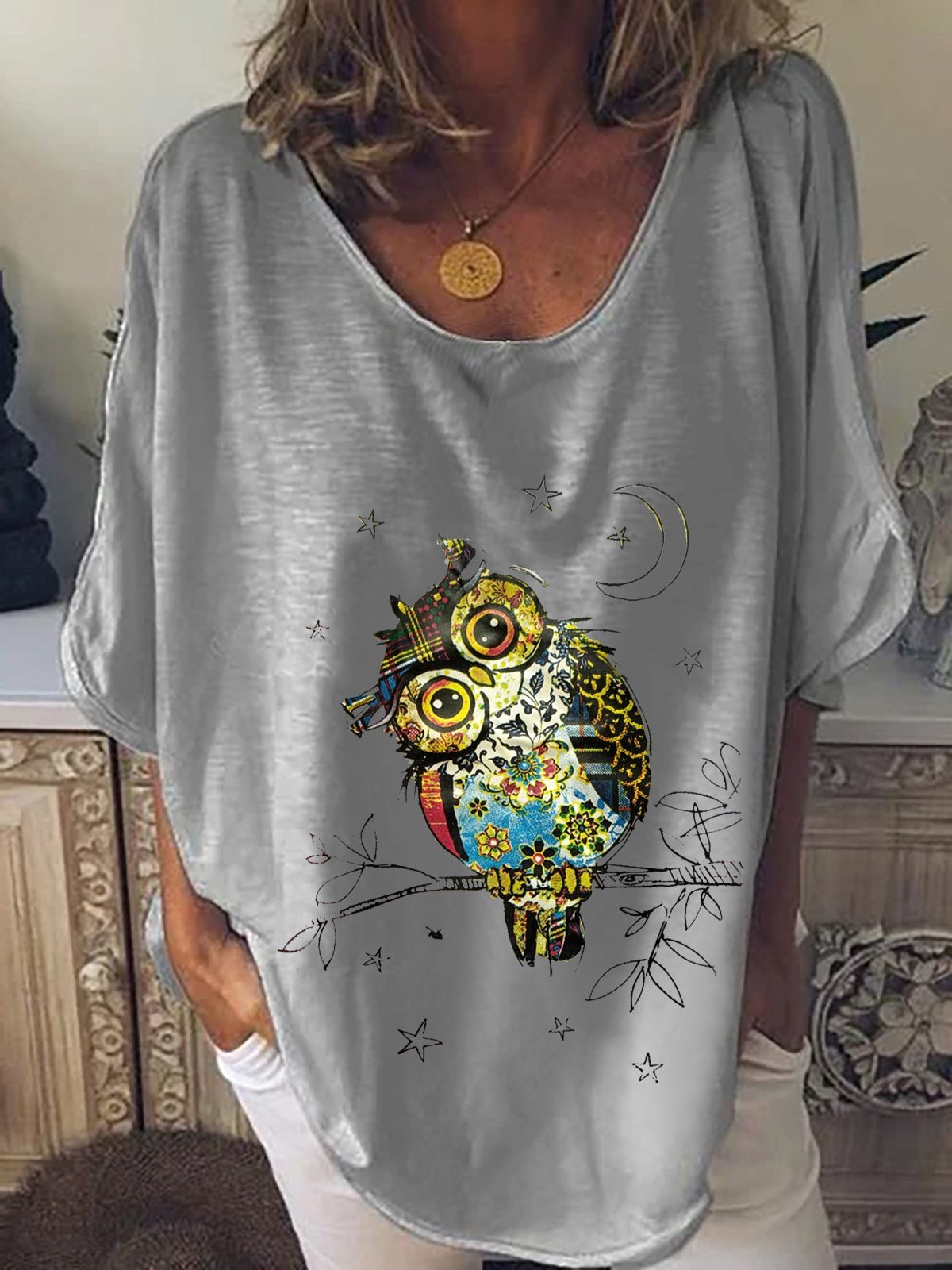Owl Print Mid-sleeve T-shirt - T-shirts - INS | Online Fashion Free Shipping Clothing, Dresses, Tops, Shoes - 07/07/2021 - 10-20 - color-gray
