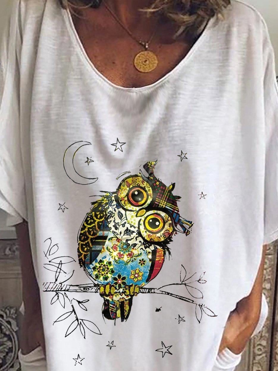Owl Print Mid-sleeve T-shirt - T-shirts - INS | Online Fashion Free Shipping Clothing, Dresses, Tops, Shoes - 07/07/2021 - 10-20 - color-gray