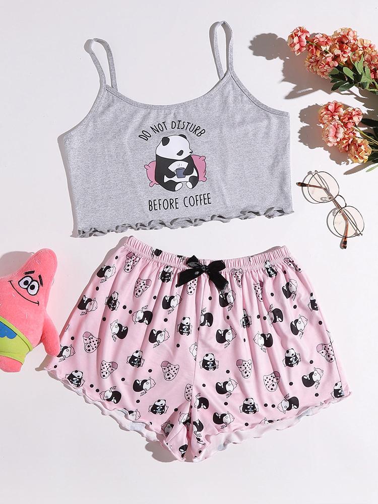 Panda And Slogan Graphic Lettuce Trim Pajama Set - Pajamas - INS | Online Fashion Free Shipping Clothing, Dresses, Tops, Shoes - 24/04/2021 - Color_Gray - PAJ210424004