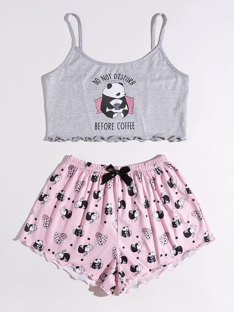 Panda And Slogan Graphic Lettuce Trim Pajama Set - Pajamas - INS | Online Fashion Free Shipping Clothing, Dresses, Tops, Shoes - 24/04/2021 - Color_Gray - PAJ210424004