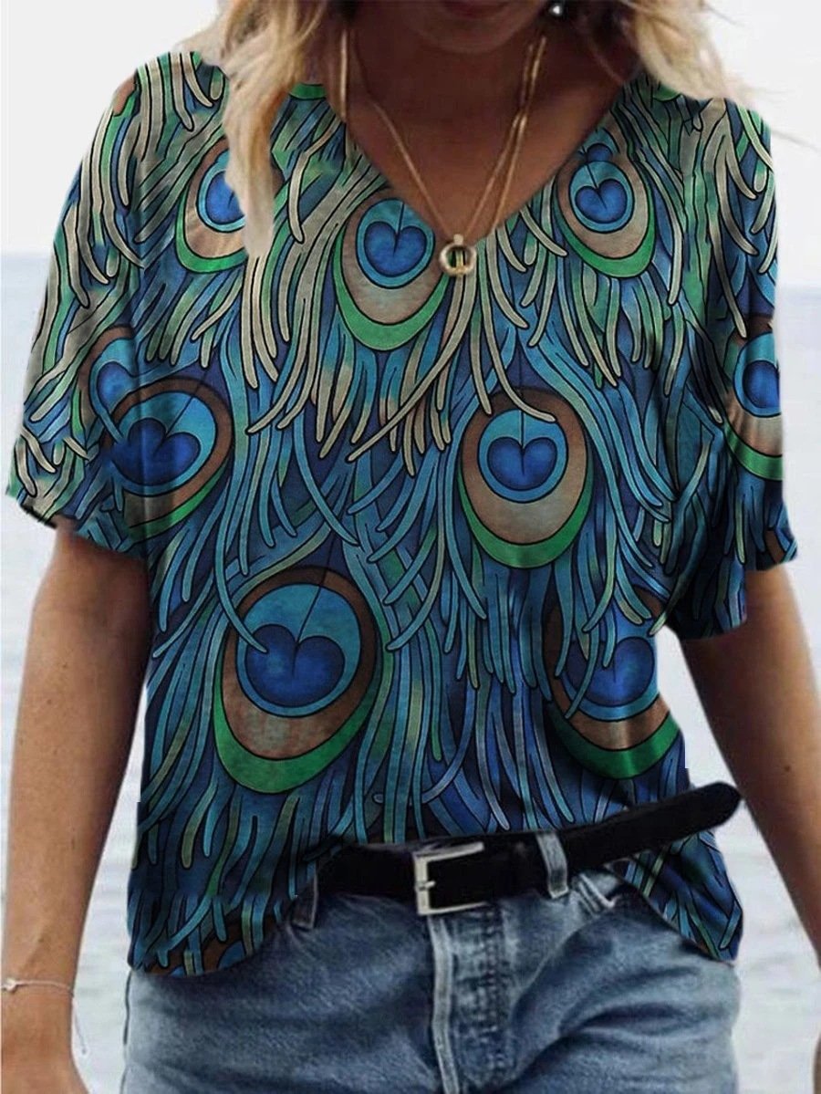 Peacock Feather Print Short-sleeved T-shirt - T-shirts - INS | Online Fashion Free Shipping Clothing, Dresses, Tops, Shoes - 09/06/2021 - Color_Blue - Size_2XL