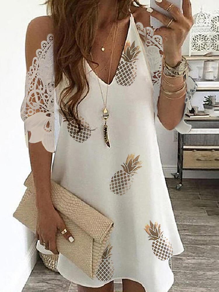 Pineapple Print Cold Shoulder Crochet Lace Dress - Mini Dresses - INS | Online Fashion Free Shipping Clothing, Dresses, Tops, Shoes - 28/04/2021 - Category_Mini Dresses - Color_White