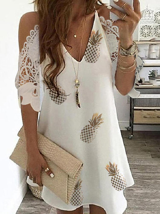 Pineapple Print Cold Shoulder Crochet Lace Dress - Mini Dresses - INS | Online Fashion Free Shipping Clothing, Dresses, Tops, Shoes - 28/04/2021 - Category_Mini Dresses - Color_White
