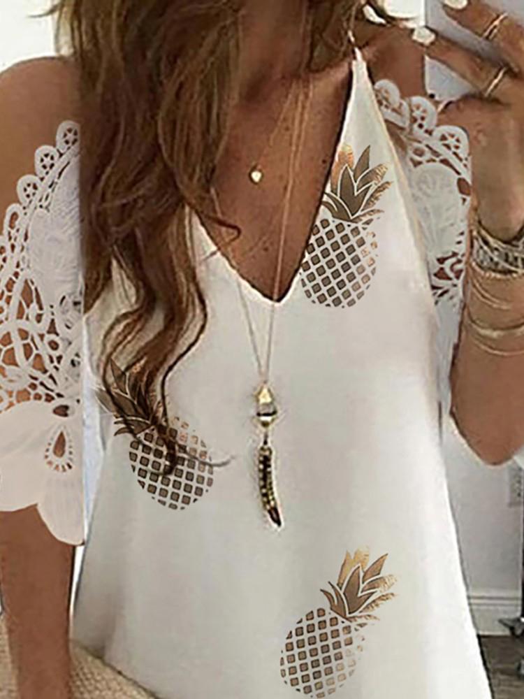 Pineapple Print Cold Shoulder Crochet Lace Dress - Mini Dresses - INS | Online Fashion Free Shipping Clothing, Dresses, Tops, Shoes - 28/04/2021 - Category_Mini Dresses - Color_White