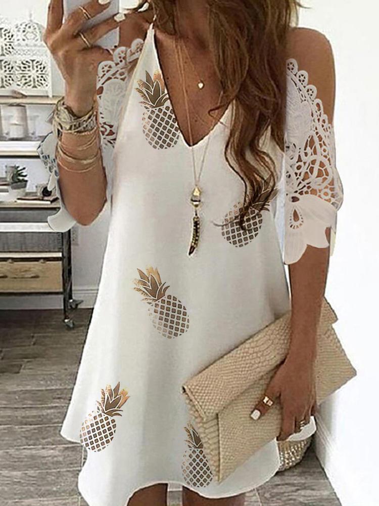Pineapple Print Cold Shoulder Crochet Lace Dress - Mini Dresses - INS | Online Fashion Free Shipping Clothing, Dresses, Tops, Shoes - 28/04/2021 - Category_Mini Dresses - Color_White