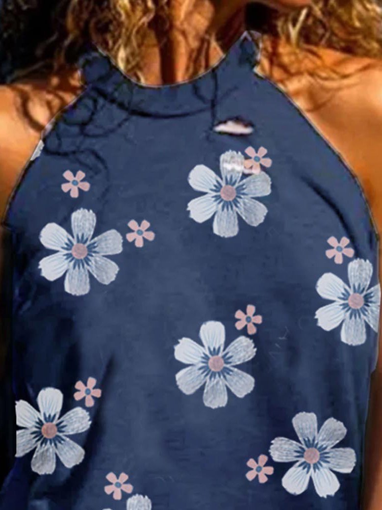 Pink And White Flower Print Round Neck Hole Tank Tops - Tank Tops - INS | Online Fashion Free Shipping Clothing, Dresses, Tops, Shoes - 10/06/2021 - Category_Tank Tops - Color_Blue