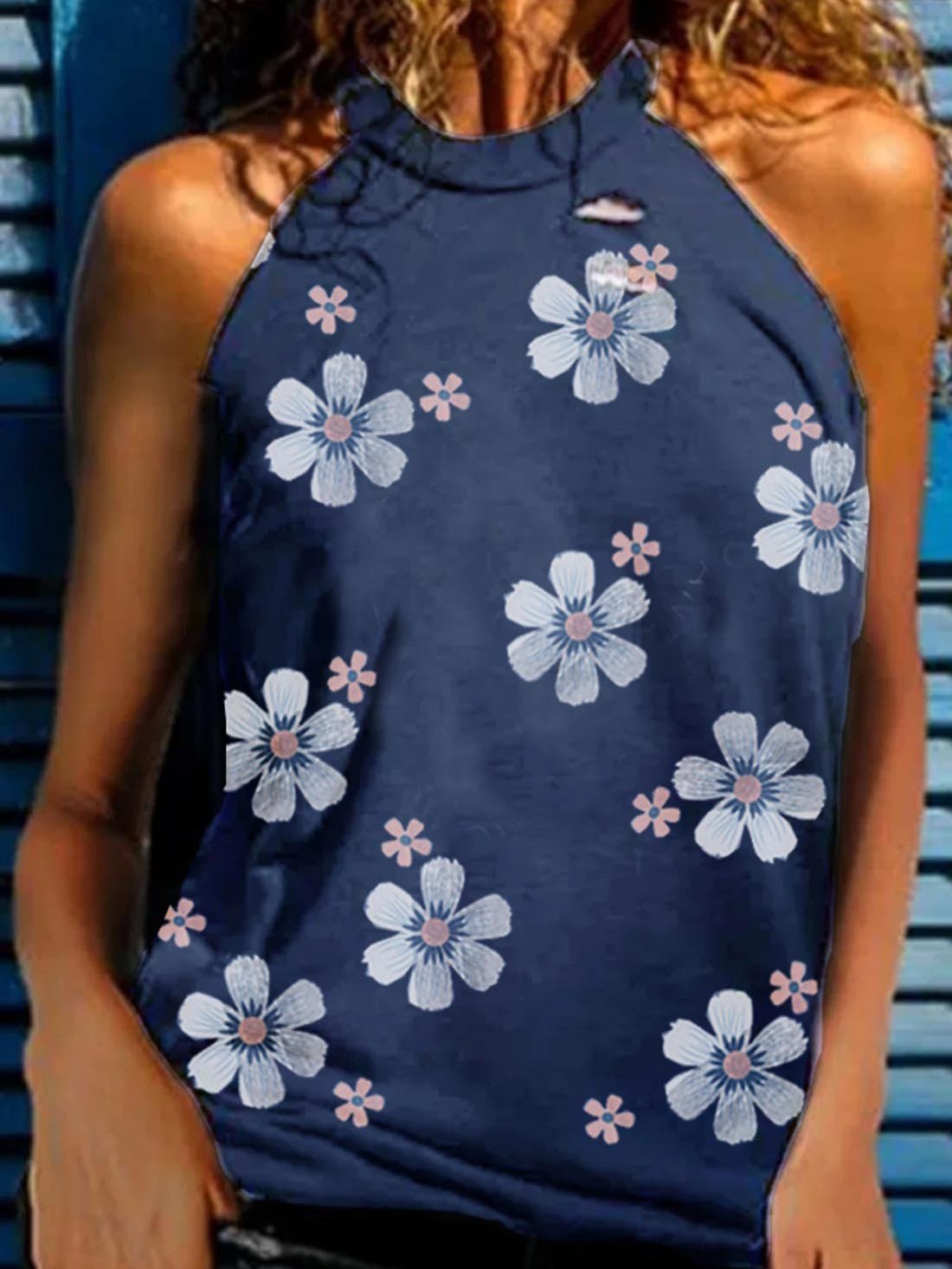 Pink And White Flower Print Round Neck Hole Tank Tops - Tank Tops - INS | Online Fashion Free Shipping Clothing, Dresses, Tops, Shoes - 10/06/2021 - Category_Tank Tops - Color_Blue