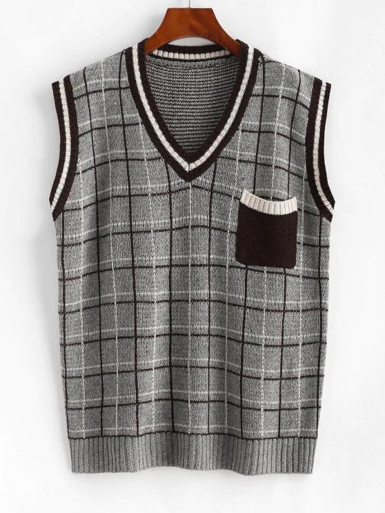 Plaid Front Pocket Striped Trim Sweater Vest - INS | Online Fashion Free Shipping Clothing, Dresses, Tops, Shoes