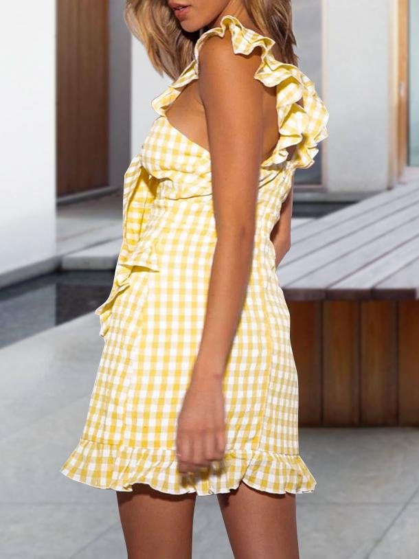 Plaid Print Ruffle Trim Hollow Dress - Mini Dresses - INS | Online Fashion Free Shipping Clothing, Dresses, Tops, Shoes - 20-30 - 22/06/2021 - color-black