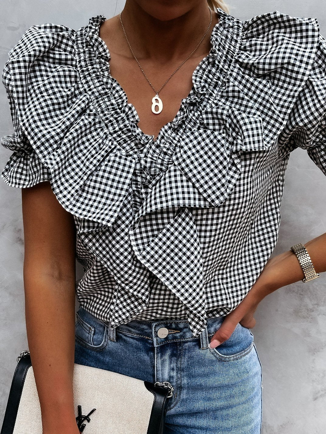 Plaid Short Sleeve V-Neck Lotus Leaf Blouses - Blouses - INS | Online Fashion Free Shipping Clothing, Dresses, Tops, Shoes - 02/07/2021 - 20-30 - BLO2107021147