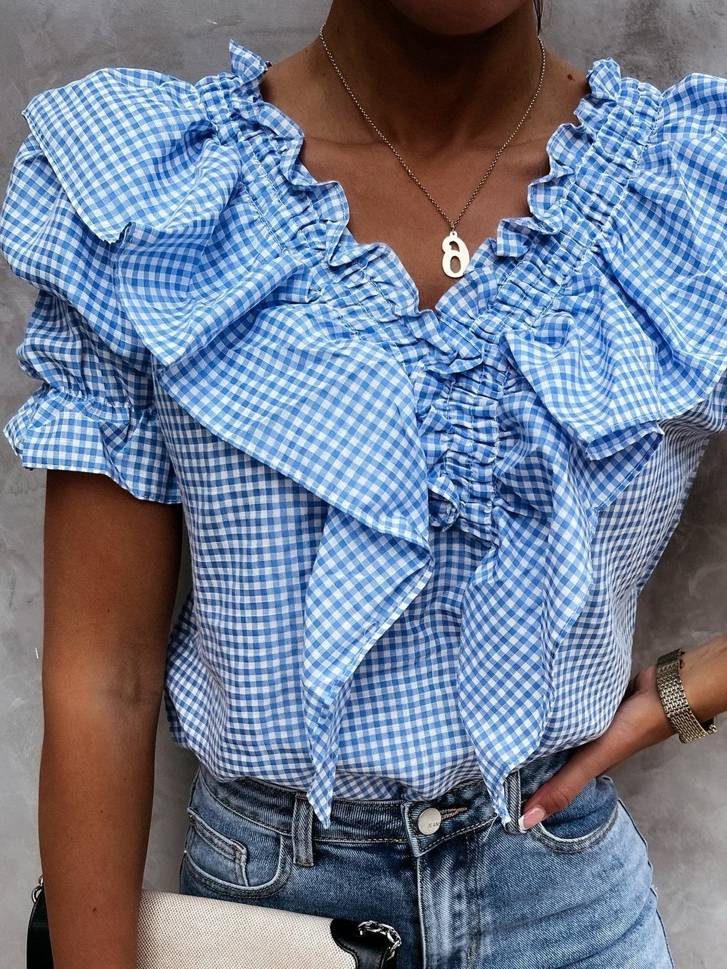 Plaid Short Sleeve V-Neck Lotus Leaf Blouses - Blouses - INS | Online Fashion Free Shipping Clothing, Dresses, Tops, Shoes - 02/07/2021 - 20-30 - BLO2107021147