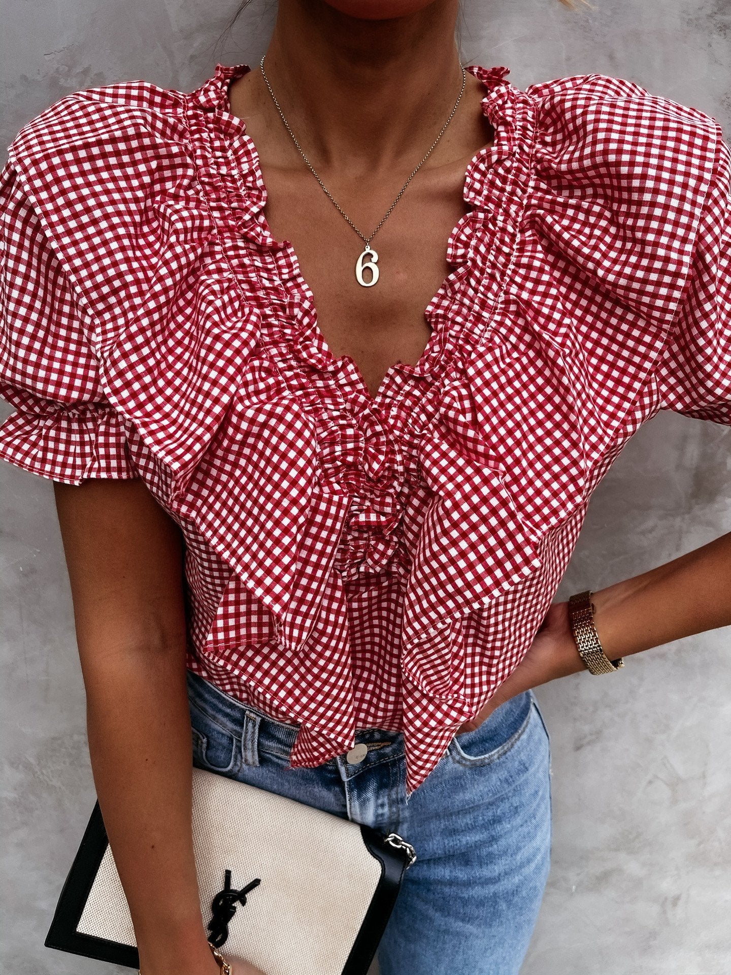 Plaid Short Sleeve V-Neck Lotus Leaf Blouses - Blouses - INS | Online Fashion Free Shipping Clothing, Dresses, Tops, Shoes - 02/07/2021 - 20-30 - BLO2107021147