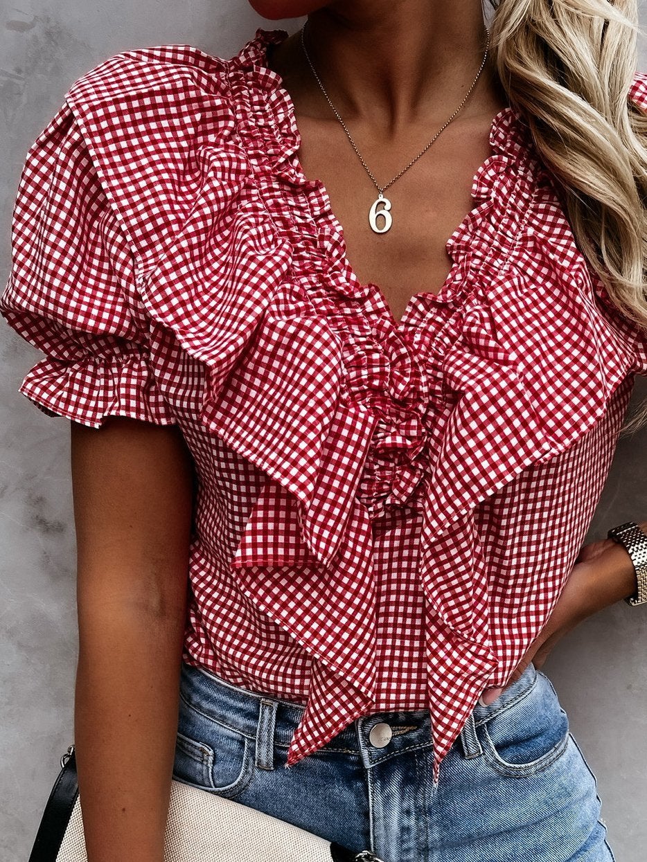 Plaid Short Sleeve V-Neck Lotus Leaf Blouses - Blouses - INS | Online Fashion Free Shipping Clothing, Dresses, Tops, Shoes - 02/07/2021 - 20-30 - BLO2107021147