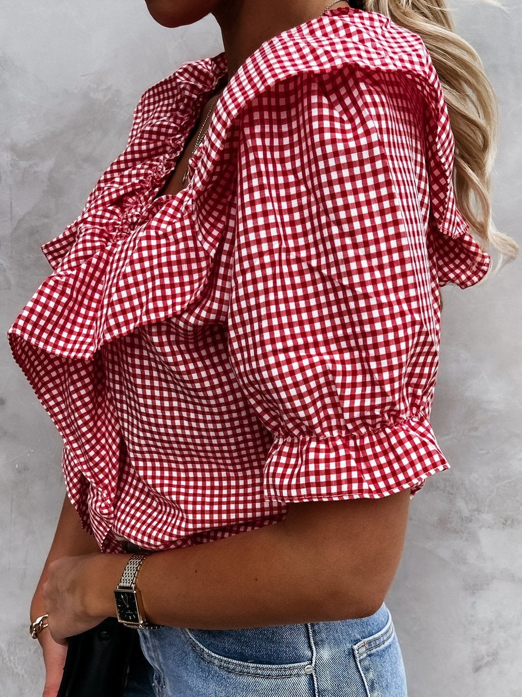 Plaid Short Sleeve V-Neck Lotus Leaf Blouses - Blouses - INS | Online Fashion Free Shipping Clothing, Dresses, Tops, Shoes - 02/07/2021 - 20-30 - BLO2107021147
