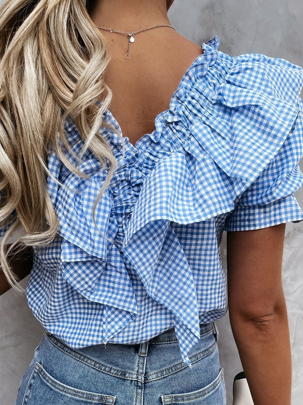 Plaid Short Sleeve V-Neck Lotus Leaf Blouses - Blouses - INS | Online Fashion Free Shipping Clothing, Dresses, Tops, Shoes - 02/07/2021 - 20-30 - BLO2107021147