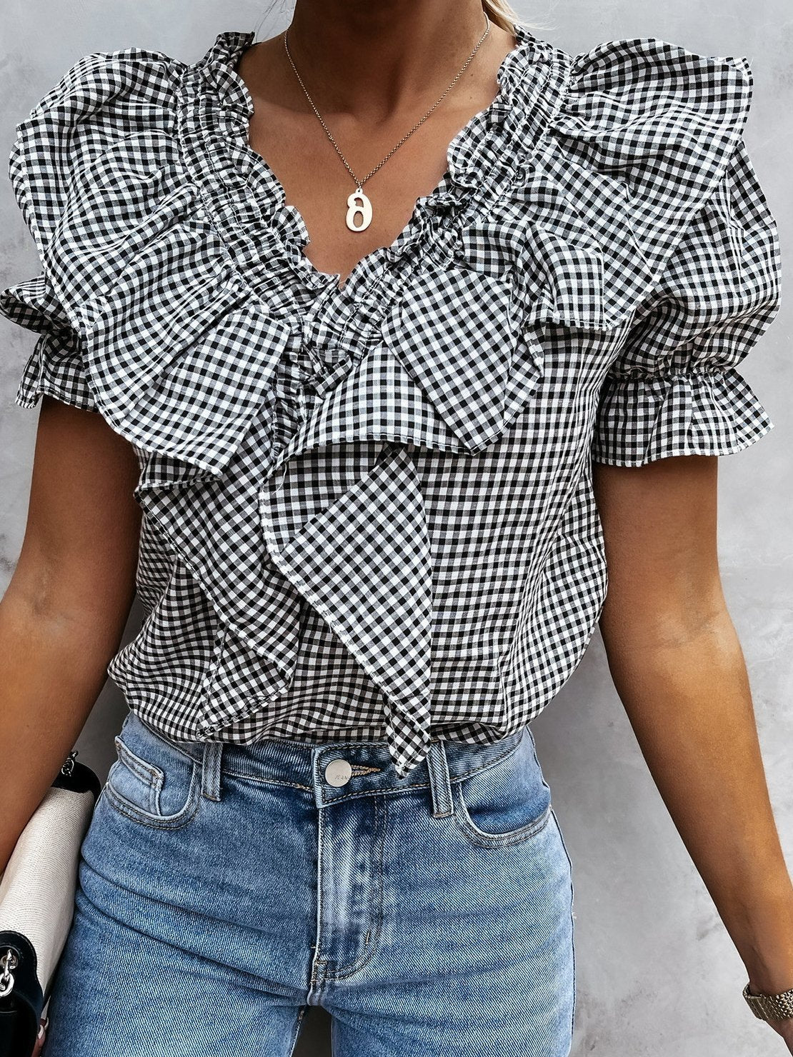 Plaid Short Sleeve V-Neck Lotus Leaf Blouses - Blouses - INS | Online Fashion Free Shipping Clothing, Dresses, Tops, Shoes - 02/07/2021 - 20-30 - BLO2107021147