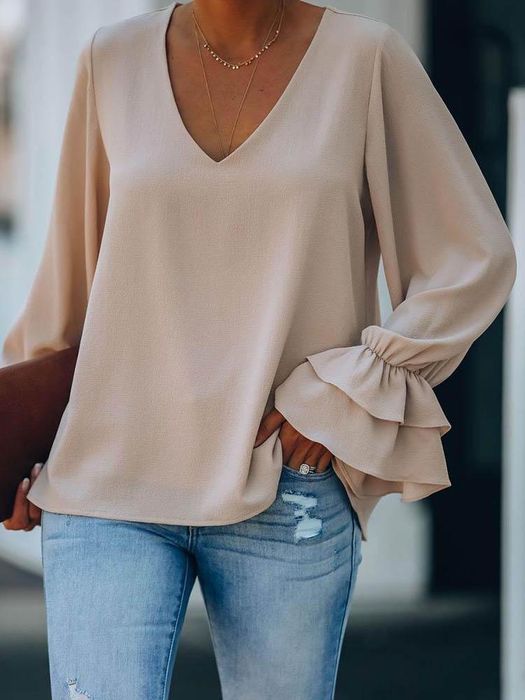 Plain Ruffles Poet Sleeve Casual Top - Blouses - INS | Online Fashion Free Shipping Clothing, Dresses, Tops, Shoes - 30/04/2021 - BLO210430024 - Blouses
